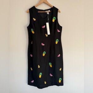 NWT VTG Annie Alexander Black Linen Blend Embroidered Fruit Sleeveless Dress 12